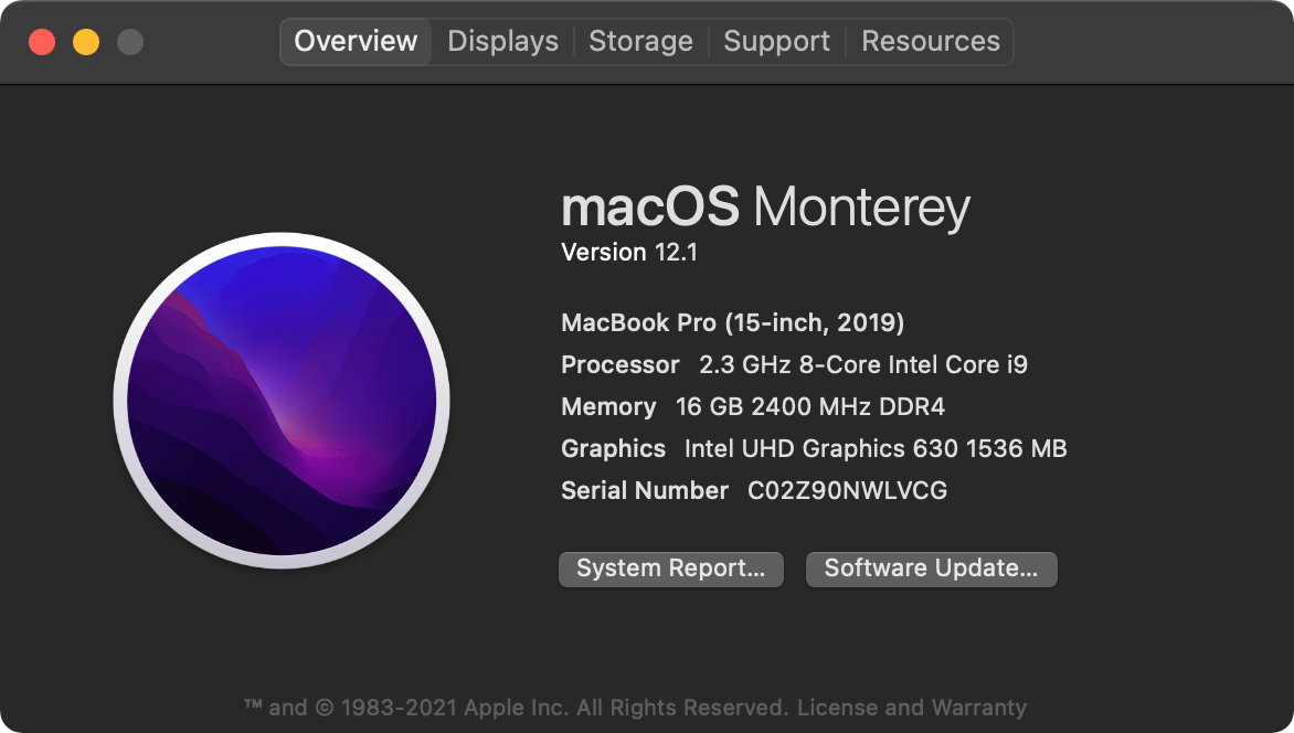 About this Mac showing the first version of macOS Monterey