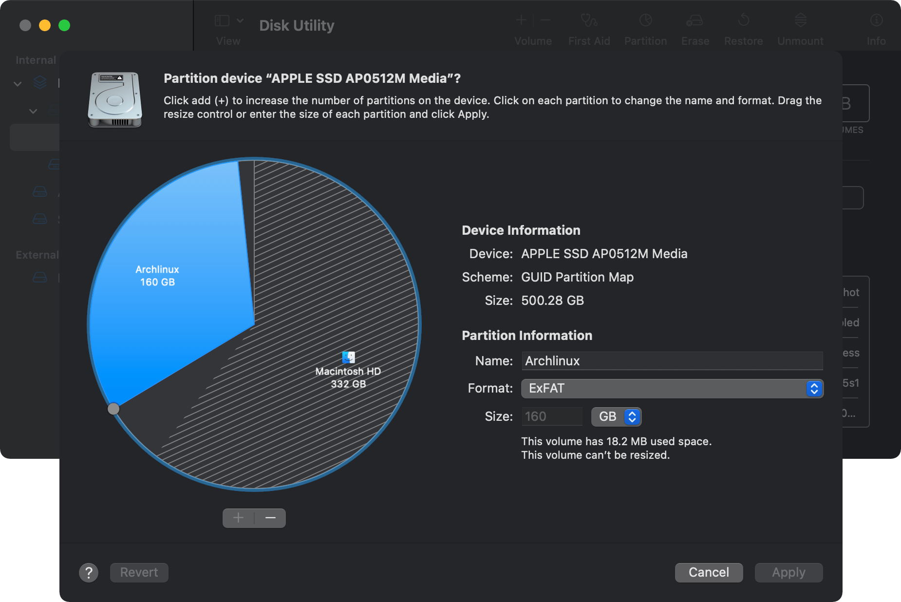 Disk Utility showing partitioned drive.