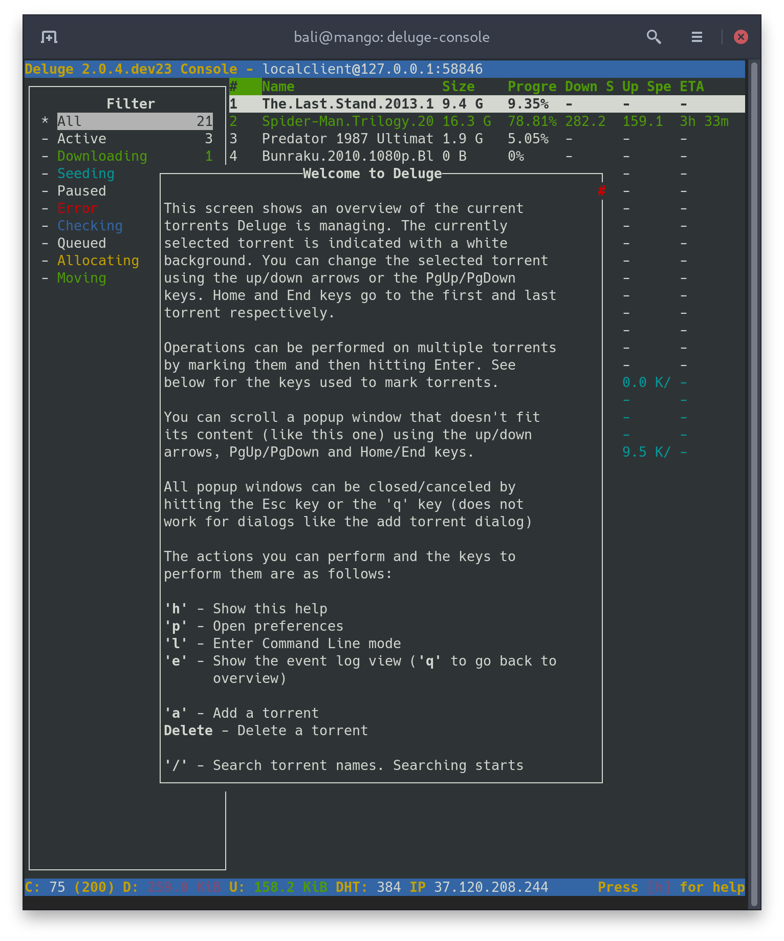 deluge-console in terminal