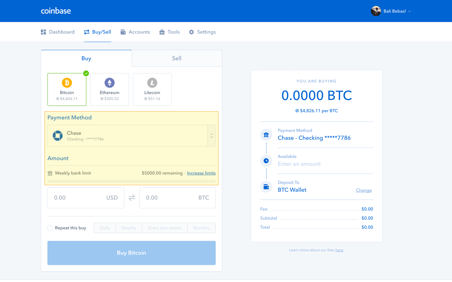 Coinbase Buy/Sell tab, weekly limit amount highlighted.