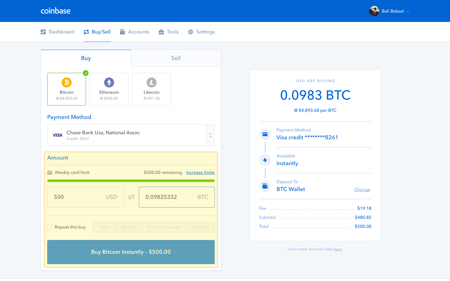 Coinbase Buy/Sell tab, max credit card purchase highlighted.
