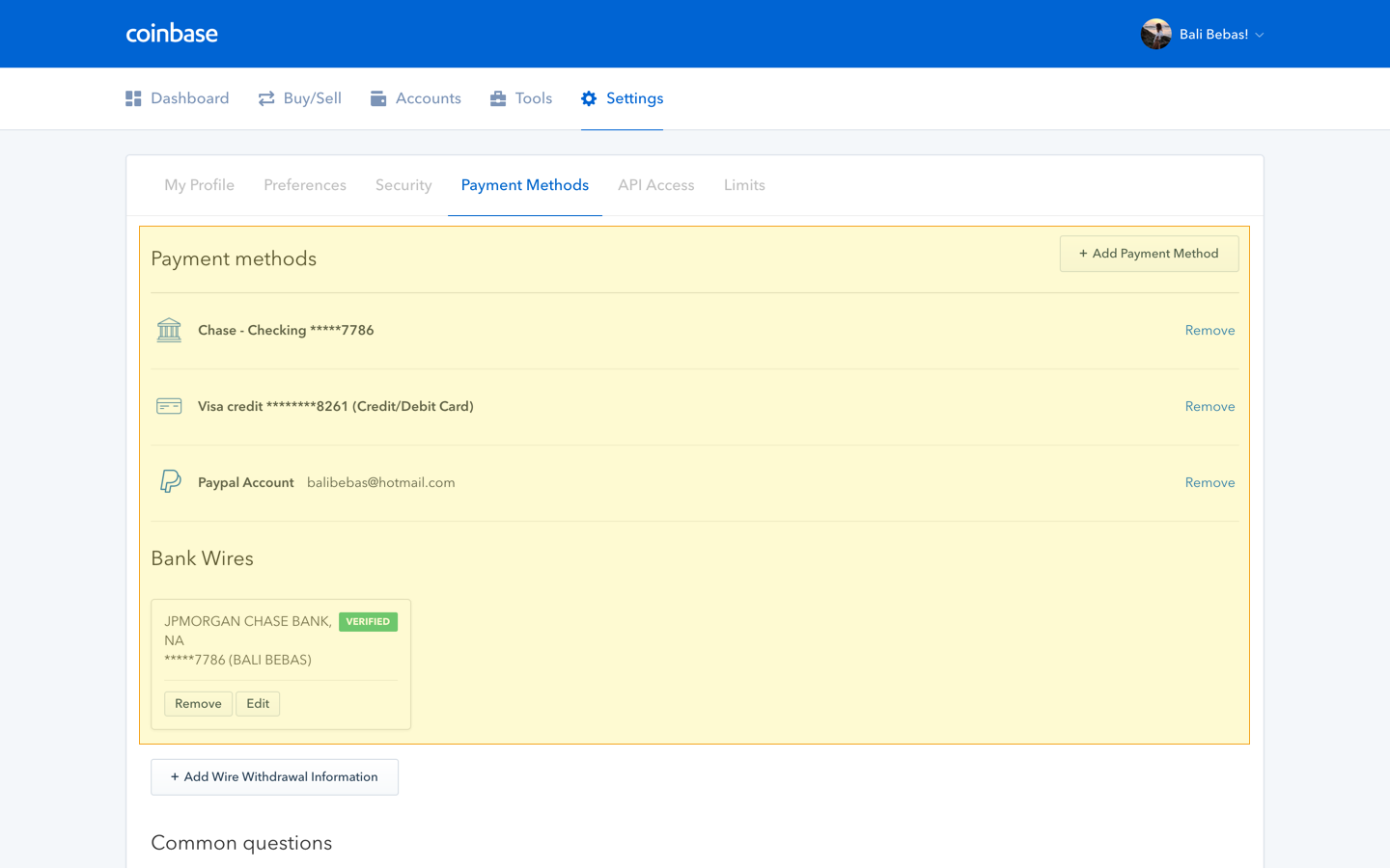 Coinbase Settings tab, payment methods and bank wires highlighted.