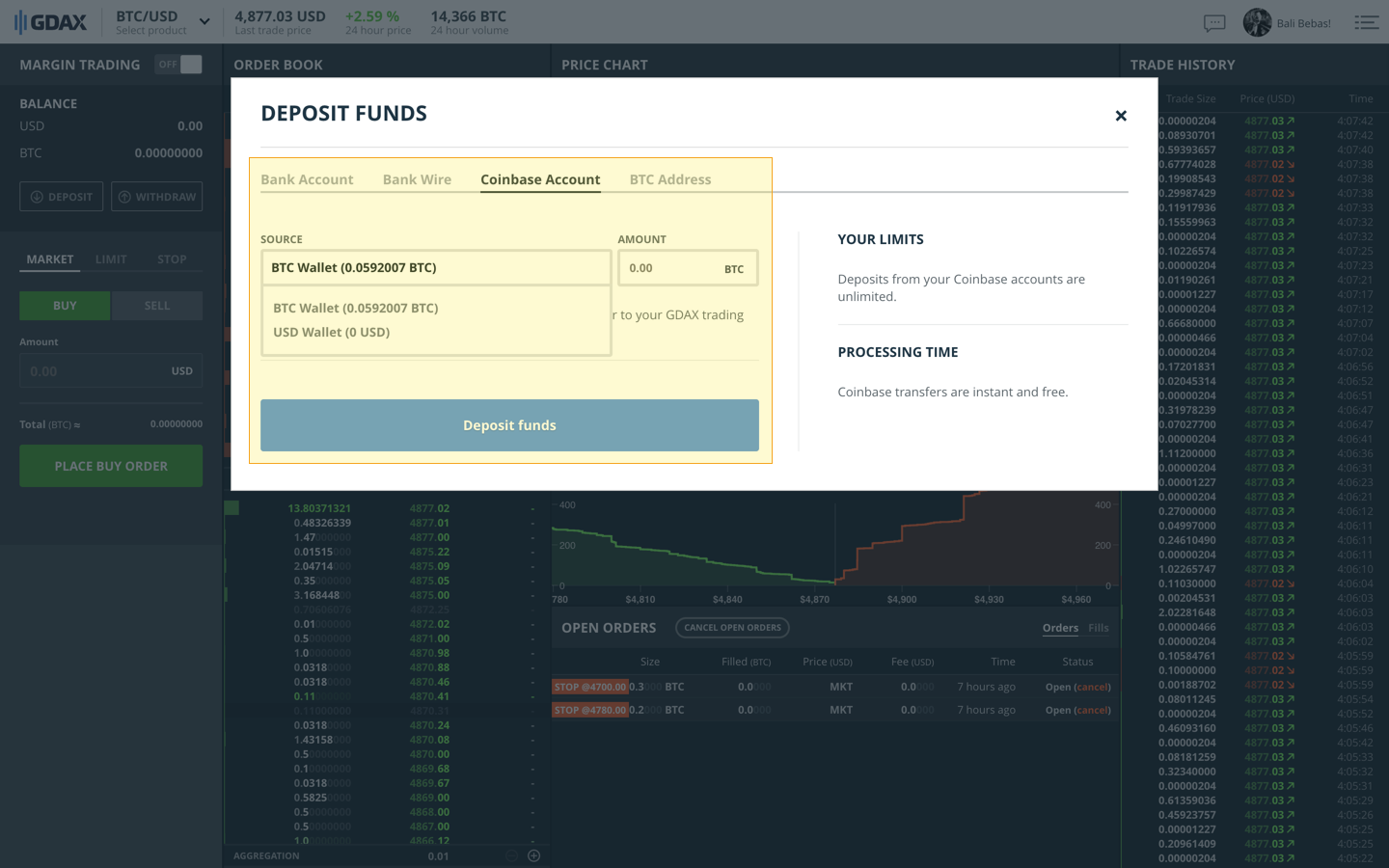 GDAX Deposit Funds dialog, Coinbase funding source options highlighted.
