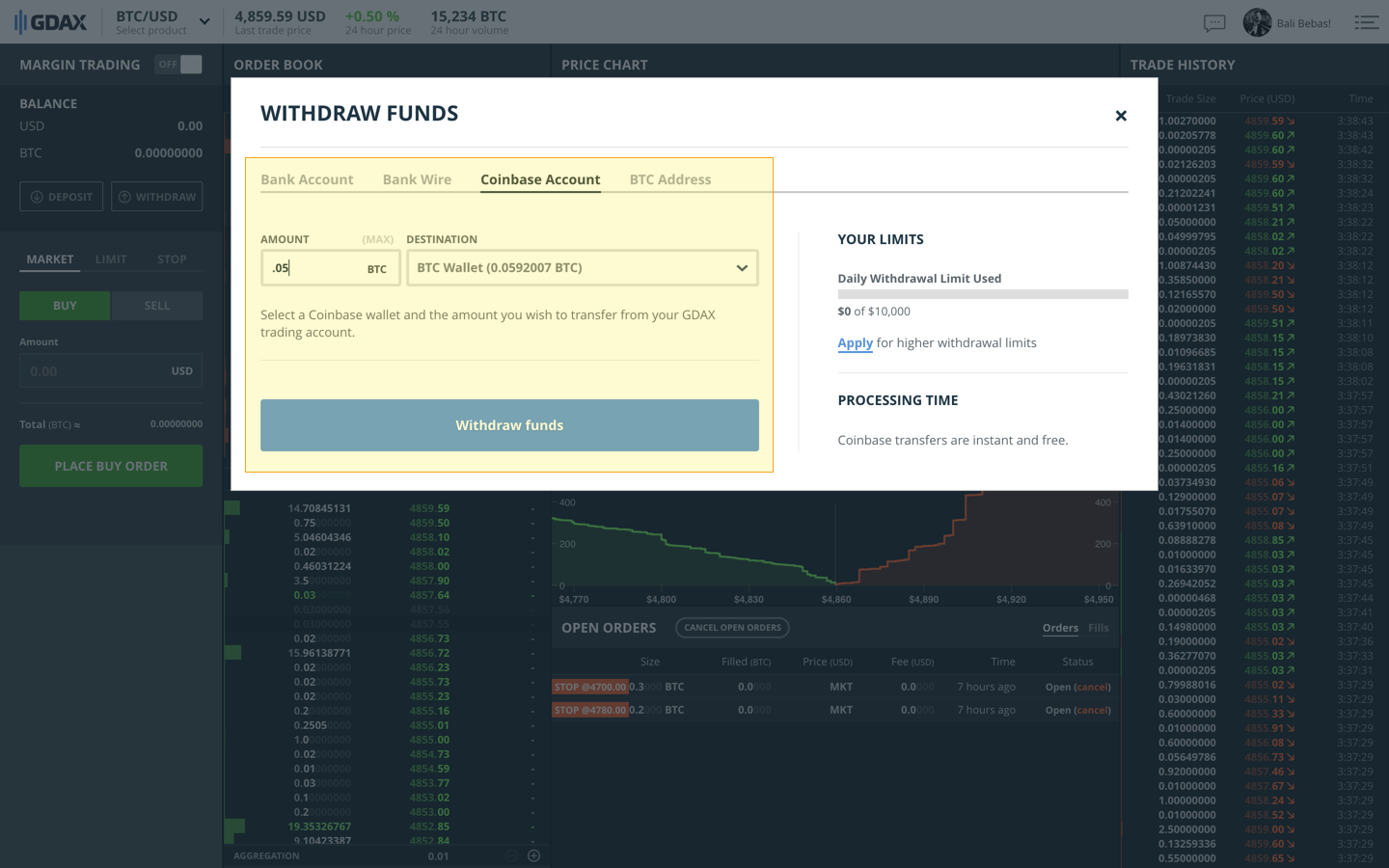 GDAX Withdraw Funds dialog, Coinbase withdrawal option highlighted.