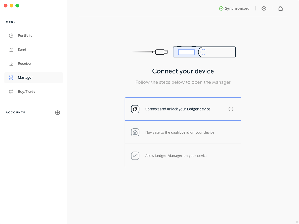 Ledger Live application interface with Manager highlighted.