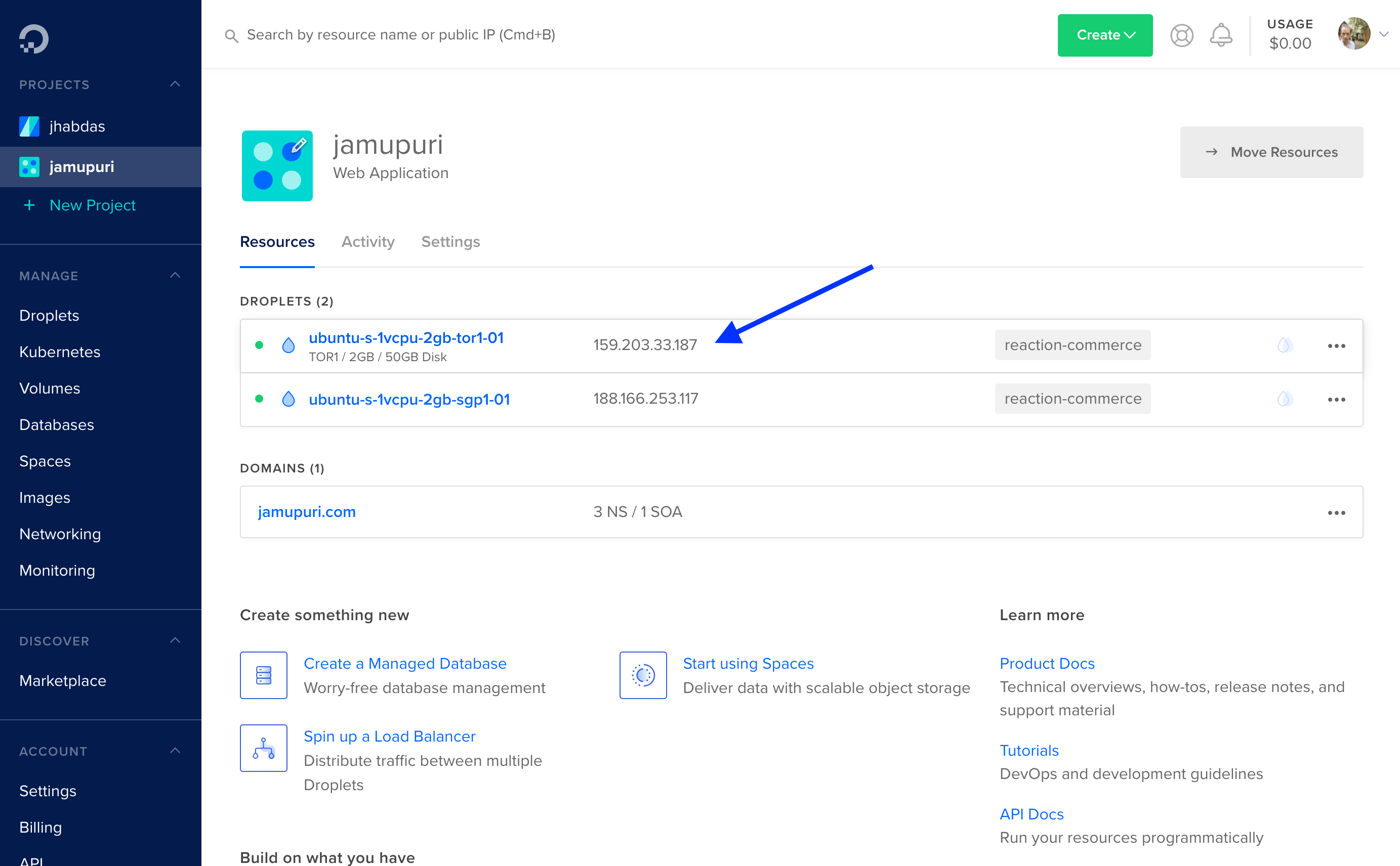 Digital Ocean showing Ubuntu droplet created. You only need one.
