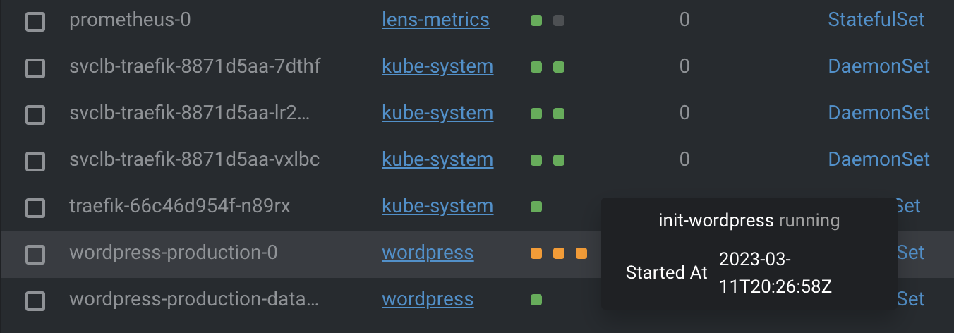 lens ide showing wordpress init container running
