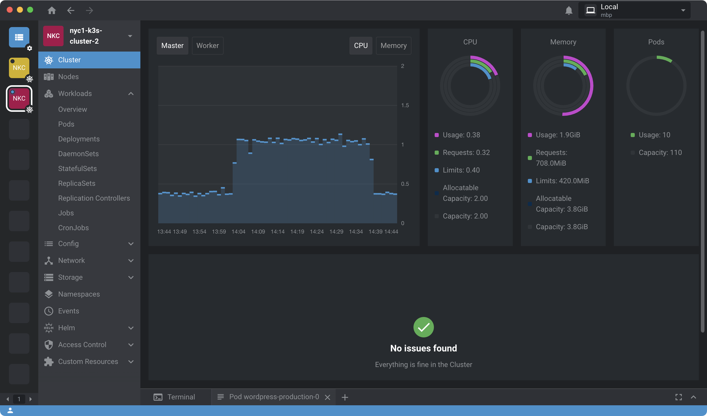 Lens showing cluster CPU usage after Redis enabled.